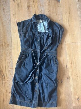 Maeve Dark Blue Denim Dress with tie belt and pockets and stitching.
